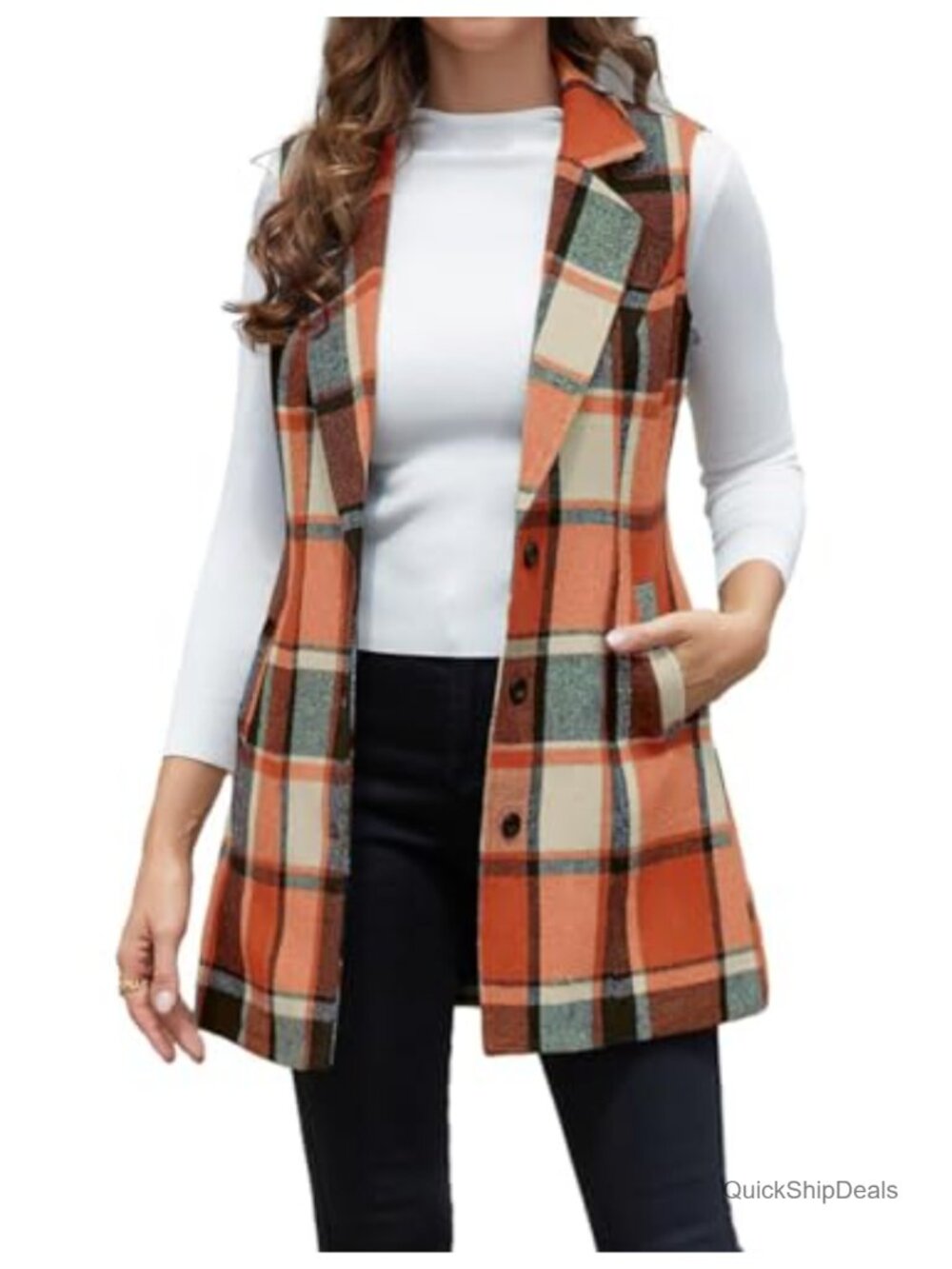 Wool Plaid Sleeveless Vest Notch Lapel Long Cardigan Blazer Jacket Fall Winter